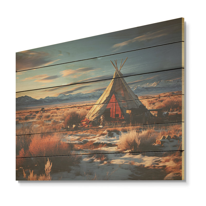 Tribal Tipi paysage - camping voyage, art mural sur bois de pin naturel, H 10 po x l 20 po