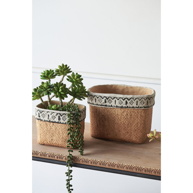 Geometric Trim Brown Multi Rectangular Basket Planters Of 2 Cement For Indoors Or Outdoors Decor, L:10.4X8.7X7.9 S:7.3X5.5X5.9 Inches, 12.1 Lbs Trimmed Planters, Indoor And Outdoor