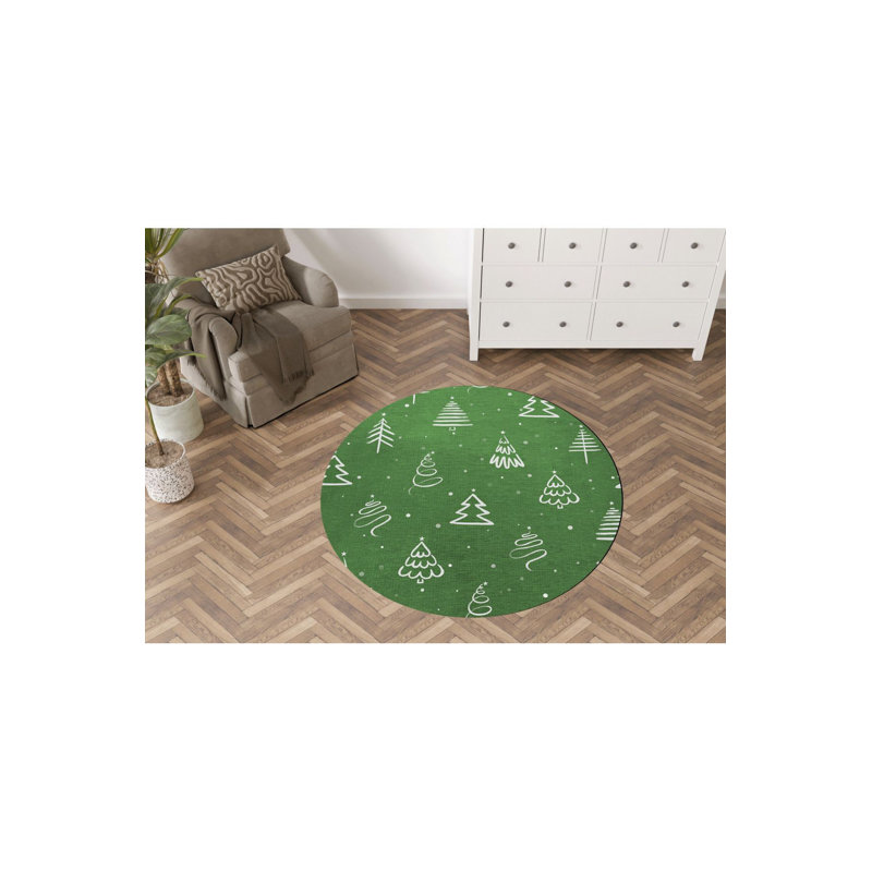 Tapis décoratif rond vert à motif de sapin et ornement, Sous-tapis rond 3 pi 3 po inclus