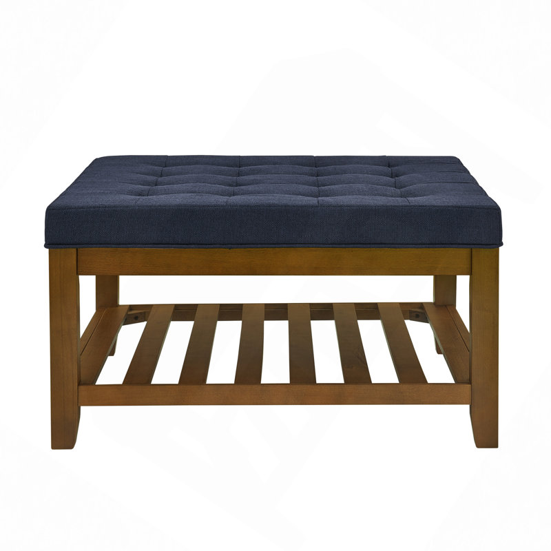 Upholstered  34.25"Square Coffee Table with Beech Wood Shelf and Frame, Navy Blue