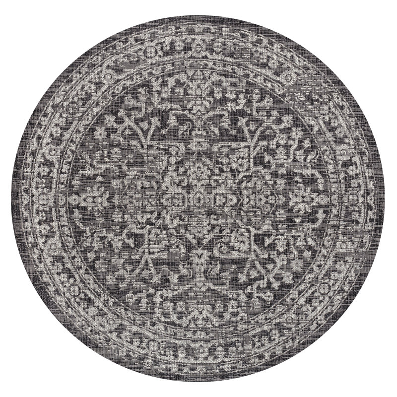Massimo Bohemian Medallion Textured Weave Black/Gray Indoor/Outdoor Rug, Round 9'