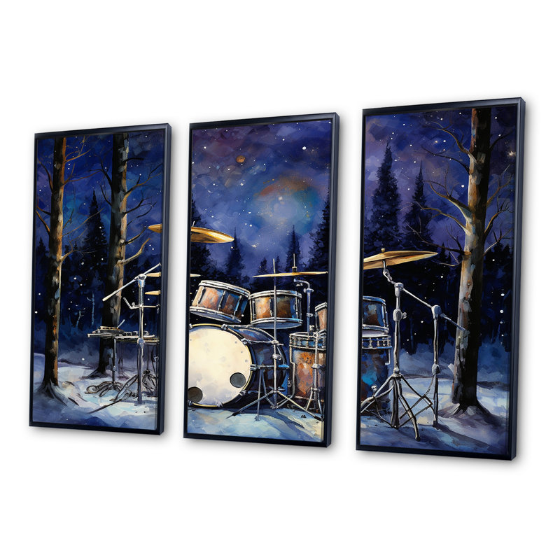 Music Drums In Winter I - Ensemble de salon de musique Wall Art, Cadre flottant noir, H 28 po x l 36 po x P 1 po