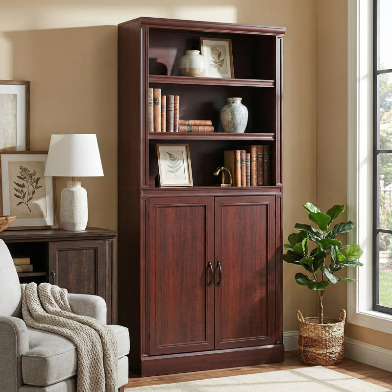 Grande bibliothèque de style champêtre de 191 cm (75,2 po), tablette à 6 niveaux, étagères ouvertes avec portes, bois de cerisier
