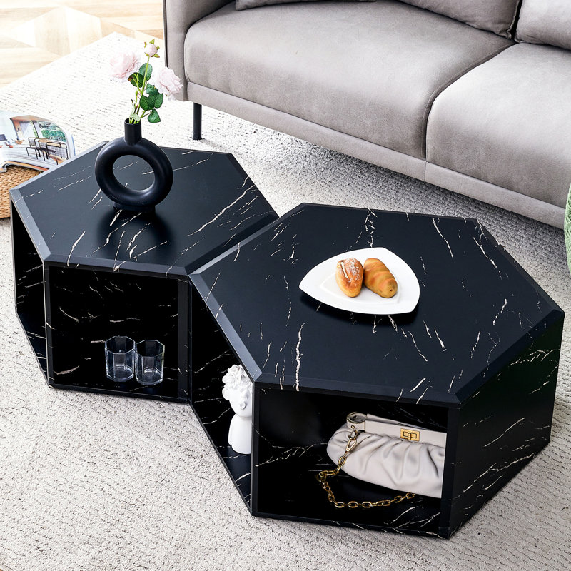 Table basse hexagonale moderne en noir. Choix de rangement fonctionnels. Différentes tailles. Facile à nettoyer. Structure stable, noir avec