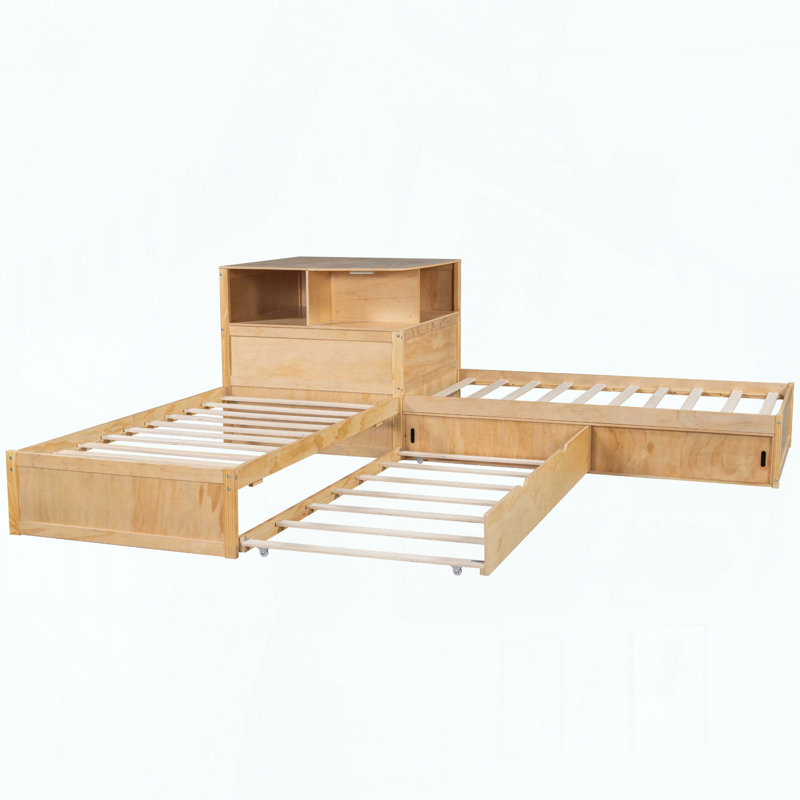 Lit plateforme simple en L avec armoires de rangement, bureau, lit gigogne et lumière DEL, Naturel, Tablettes; armoire