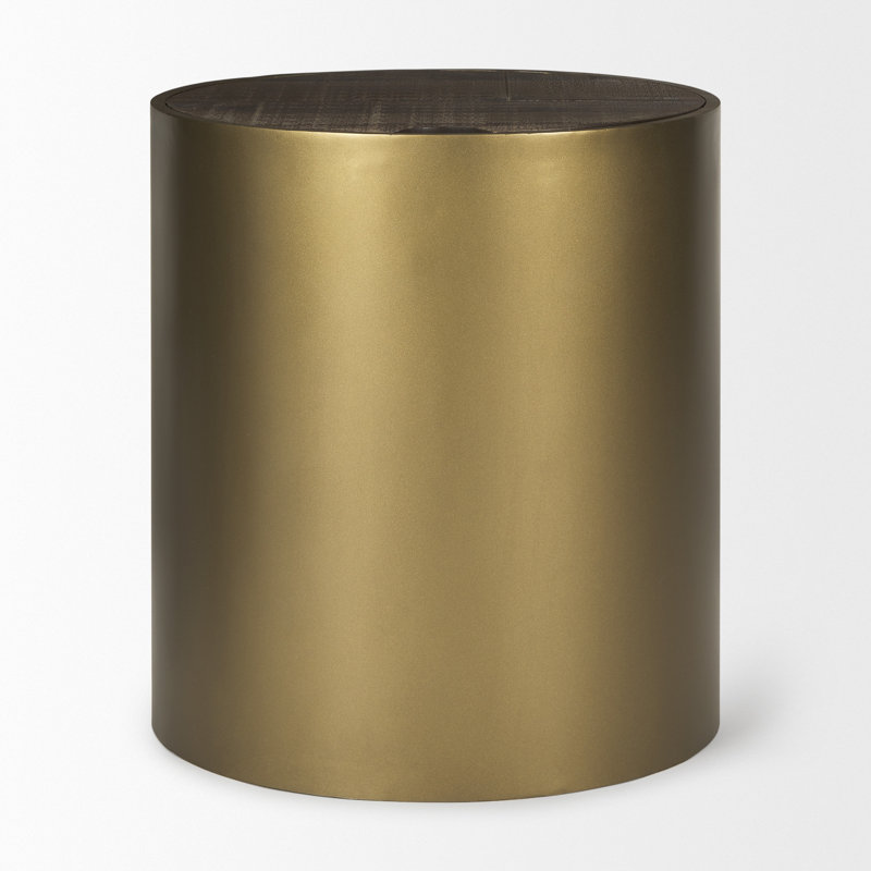 Table de bout cylindrique en bois massif et or 22 po avec rangement