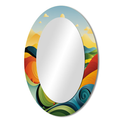 Minimalist Multicolor Line Art Landscape III - Landscapes Oval Decorative Mirror On Metal