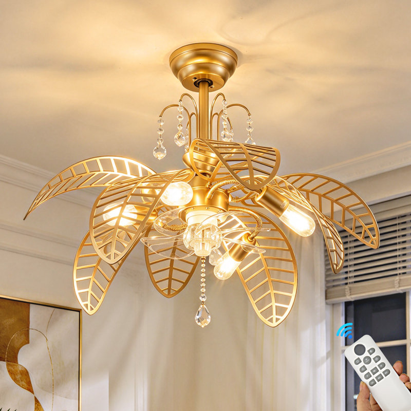 Crystal Ceiling Fan with Light, Gold Leaf Glam Flush Mount Fandelier, Reversible Blades with Remote for Bedroom Living Room Dining Room