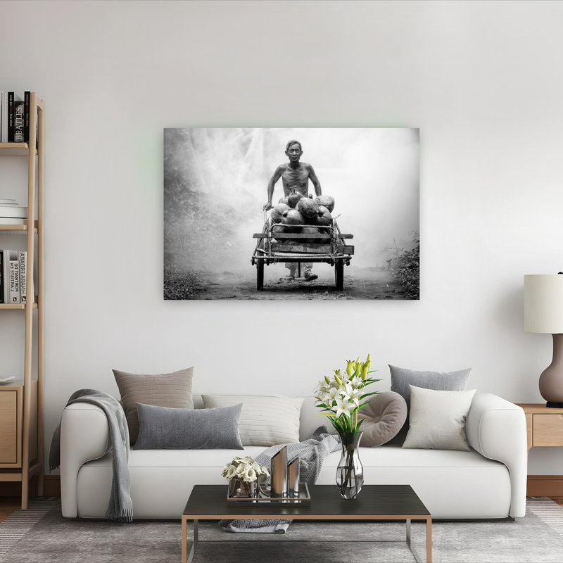 «Work Man», art contemporain mural tropical, fruits et charrette, H 40 po x l 60 po