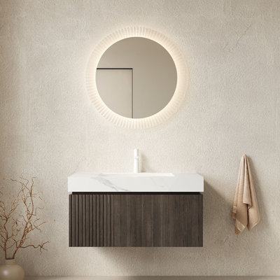 30" Bathroom Vanity&Sink, Floating Plywood Storage Cabinet With Drawer&Door, Sintered Stone Top&Ceramic Basin With 1 Pre-Drilled Faucet Hole, Pre-Assembled