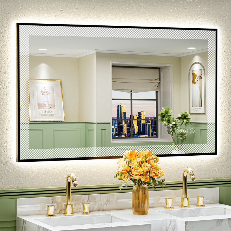Black Framed LED Bathroom Mirror with Frontlit and Backlit, Lighted Vanity Mirror for Wall, Double Lighting 3 Colors Dimmable, Anti-Fog, Tempered Glass Shatter-Proof (Horizontal/Vertical)