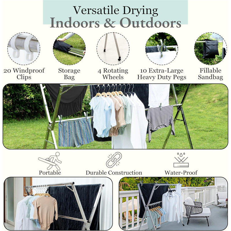 Foldable Clothes Drying Rack With Wheels - 95", 20 Clips Included