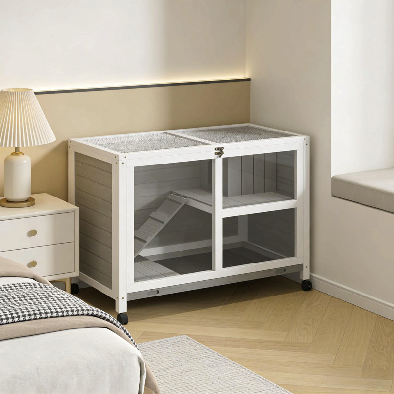 Cage à lapin avec roulettes, petit clapier à lapin, maisonnette spacieuse, Gris / Blanc