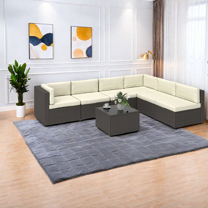 Modular 7 Piece Sectionals, Metal Rattan Modern Patio Set For Home