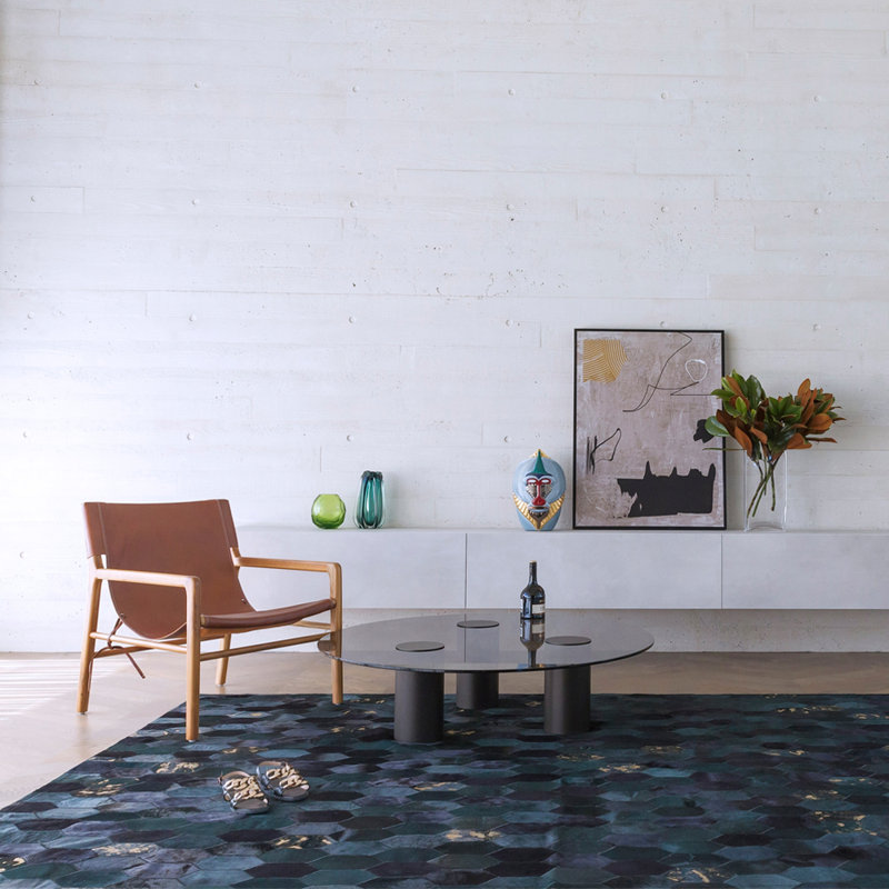 HANDPICKED BY ART HIDE Cowhide Geometric Area Rug in Dark Teal, Rectangle 4'6" x 5'9"