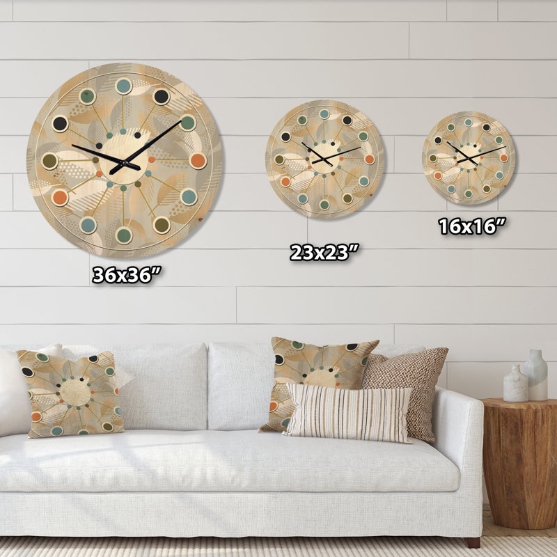 Horloge murale Mid-Century moderne en bois - Motif géométrique luxueux de feuilles d'automne, Moyen
