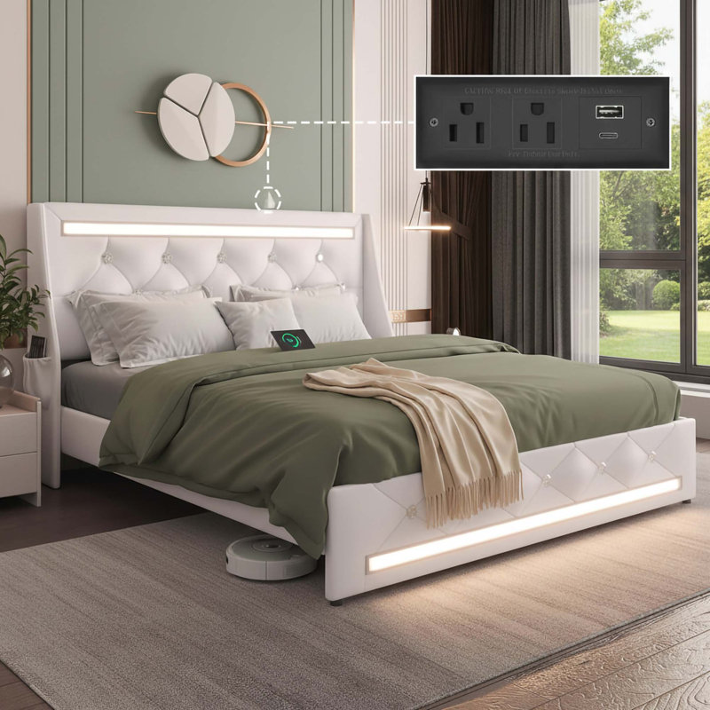 Cadre de grand lit avec éclairage DEL intelligent et station de charge, Blanc