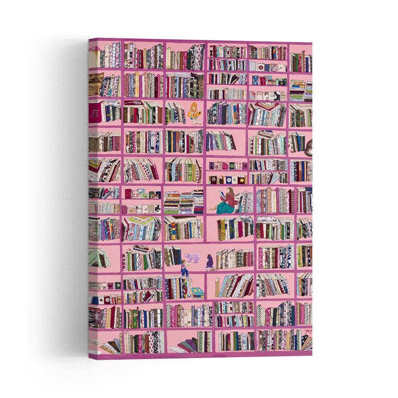 Cozy Pink Library Contemporary Cat Architecture Wall Art Print 1 Piece Wrapped Canvas Wall Art, 91.44cm H x 60.96cm W
