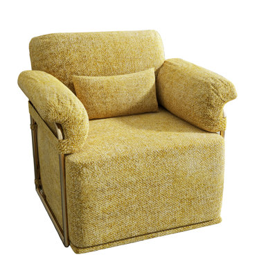 Fauteuil pivotant Fluffy rembourré à 360 degrés de couleur jaune avec pieds en métal doré pour le salon, le bureau, la chambre à coucher, le fauteuil carré en tissu, la chambre à coucher et la pièce