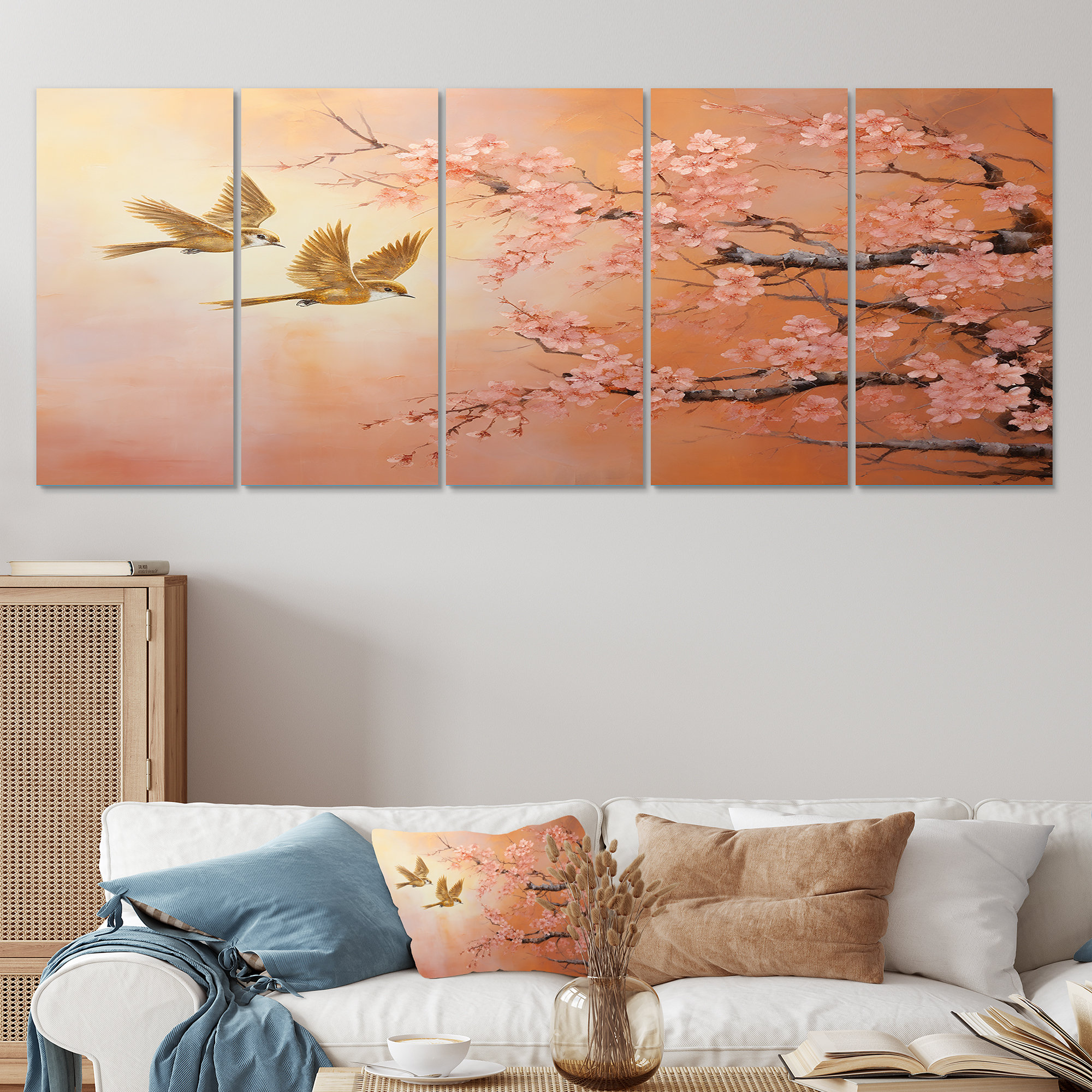 Red Barrel Studio® Golden And Pink Birds On Floral Tree III - Bird 5 ...