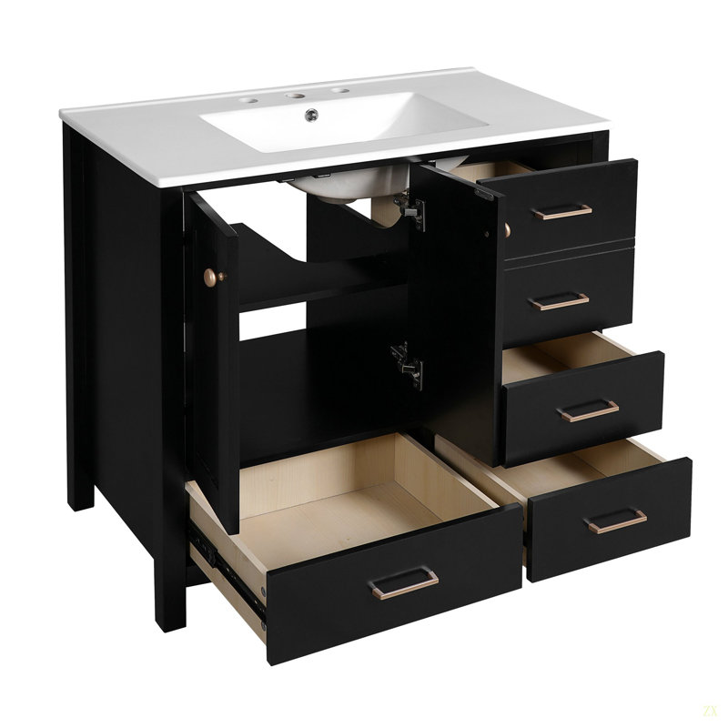 Ensemble de meuble-lavabo 36 po avec lavabo en céramique, armoire de rangement en bois massif, ensemble de meuble-lavabo autoportant avec 4 tiroirs et portes à fermeture douce