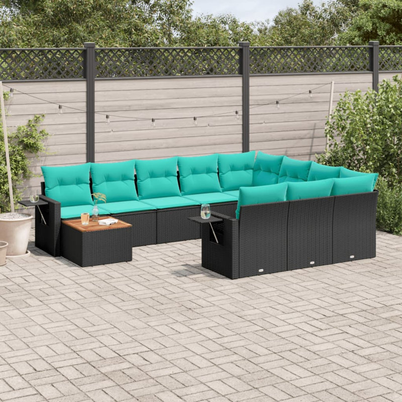Ensemble de canapé de patio 11 pièces avec coussins en rotin de polyester, Bleu, Noir