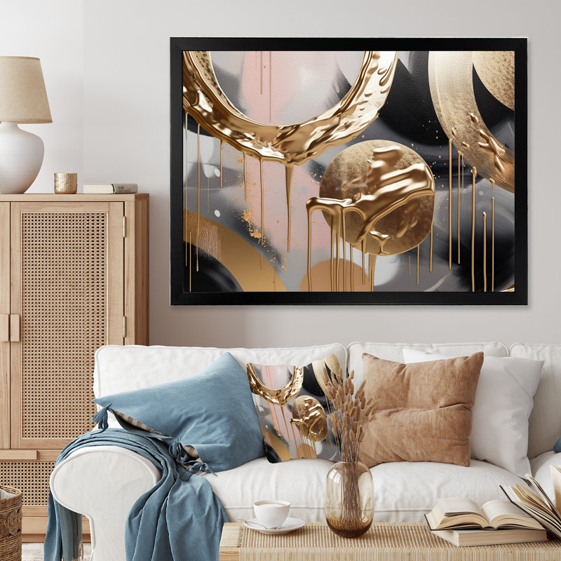 Reproduction d'art sur toile marbrée dorée et rose I, H 12 po x l 20 po x P 1 po, Impression noire sur toile encadrée