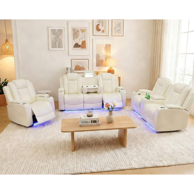3-Piece Power Reclining Sofa Set With LED Lights, Breathable Leather Loveseat & Sofa, USB Ports, Drop-Down Table & Storage Console