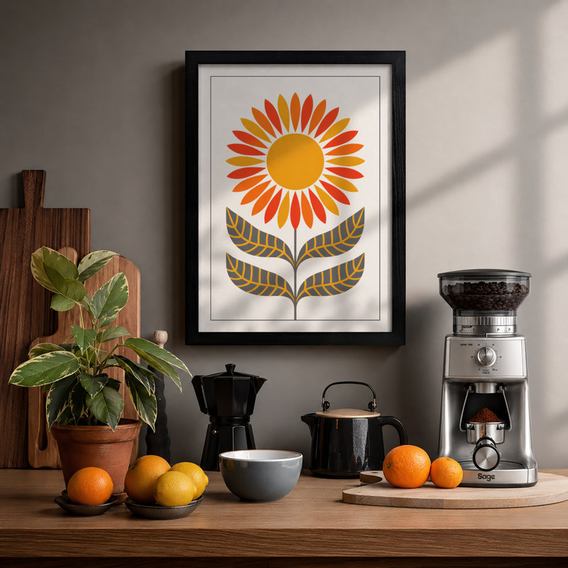 Golden Bloom Mid-Century - Framed Print, A2 - 59.4 x 42.0 cm, Black