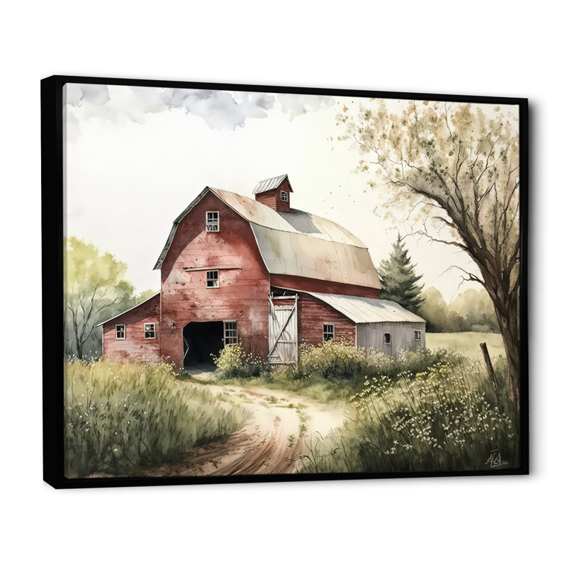 Pittoresque chemin sinueux et grange III - art mural sur toile de campagne / campagne, Toile à cadre flottant noir
