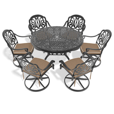 Ensemble de 5 pièces en fonte d'aluminium - table ronde et 4 chaises pivotantes, conception de patio toutes saisons avec cadre noir
