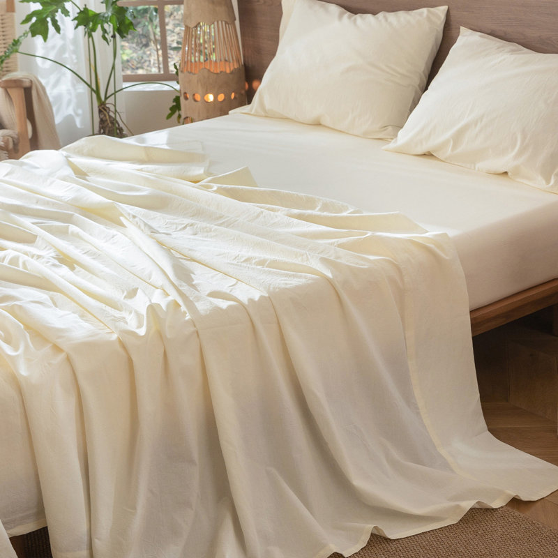Drap plat 100% coton lavé MooMee, Blanc, crème, Drap plat grand