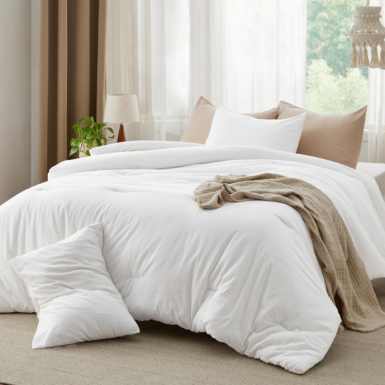 Pre-Washed Cotton Comforter Set, Queen Comforter + 2 Additional Pieces, White