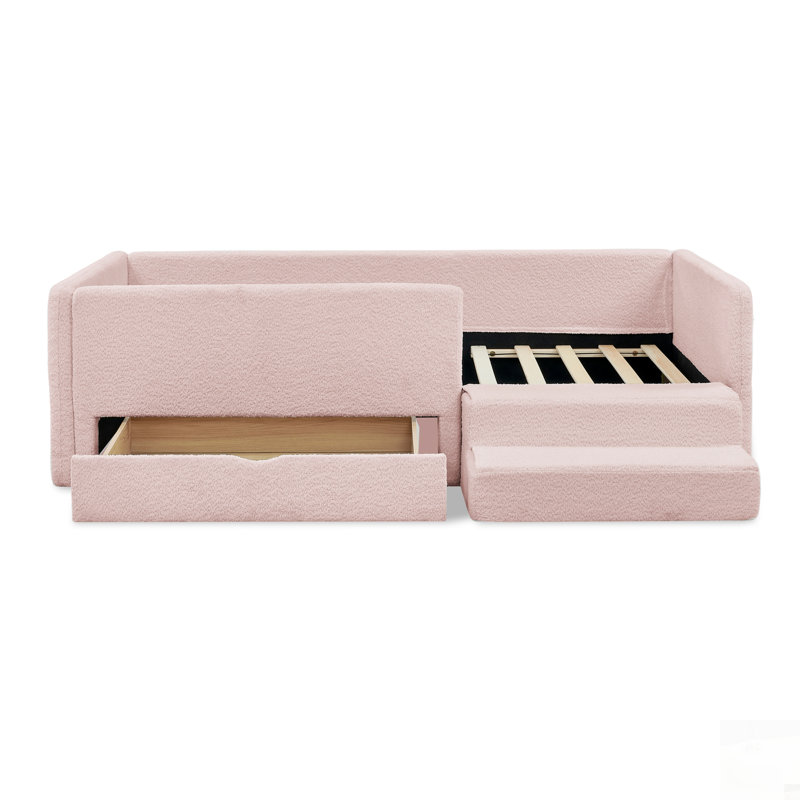 Lit multifonctionnel sécuritaire pour enfants avec garde-corps et rangement, lit avec marchepied de sécurité, tissu Boucle