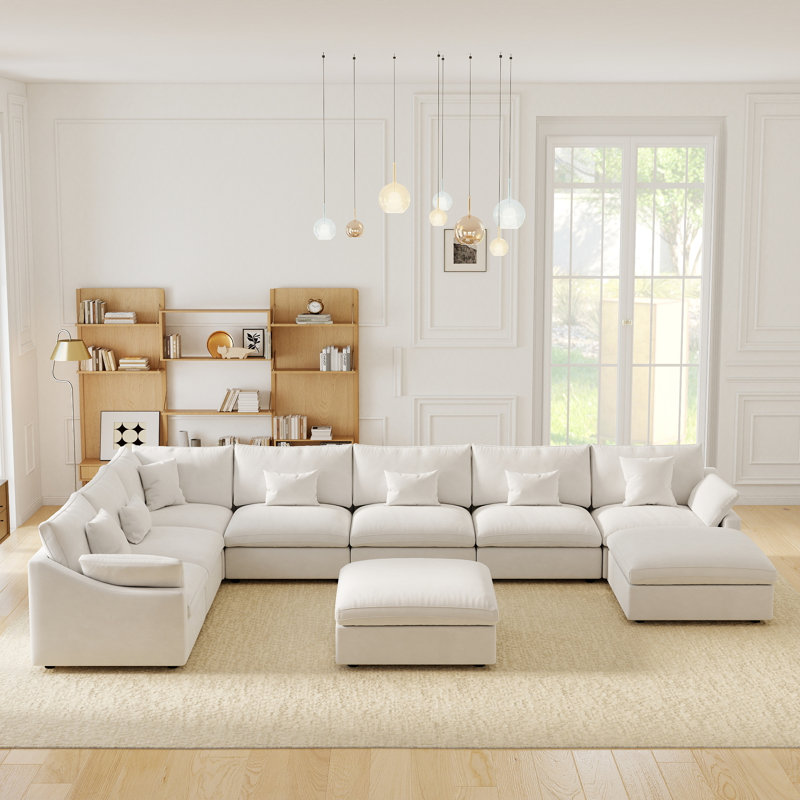 9 - Piece Chenille U-Shaped Sectional Reversible Sofa With 2 Removable Ottomans, Beige Linen/Chenille