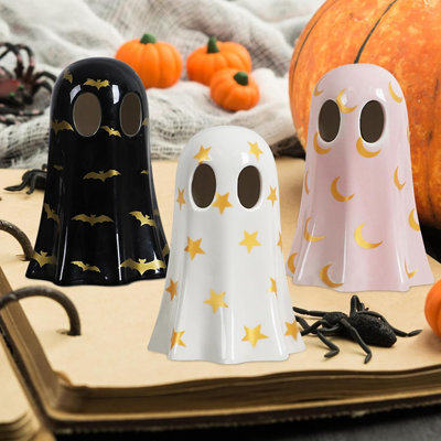 Halloween Decorations Indoor, Set Of 3 Ceramic Ghosts With Witch Hats, Cute Spooky Halloween Ghost Figurines For Mantel, Shelf & Tabletop Decor