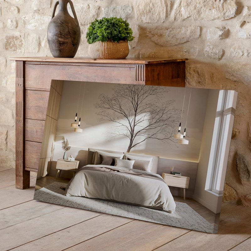 Toile une chambre à coucher contemporaine sereine avec un grand art mural orné d'un lit moelleux avec une literie aux tons neutres doux et un tableau d'art mural en toile