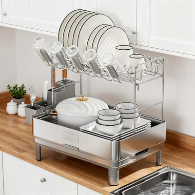 2-Tier Stainless Steel Dish Drying Rack With Automatic Drainage, Utensil Holder And Cup Storage, Space Saving Kitchen Counter Dish Drainer Organizer