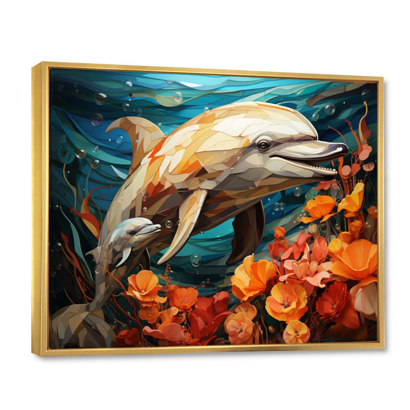 «Dolphin Marine Symphony Geometric - Dolphin», art mural, Cadre flottant doré, H 12 po x l 20 po x P 1 po