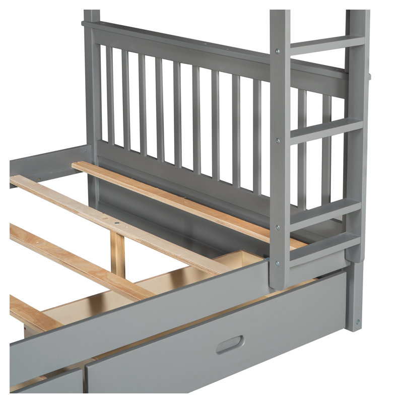 Lit superposé double avec tiroirs de rangement et échelle - Structure en bois massif gris