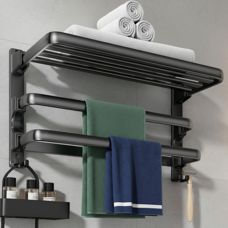 Porte-serviettes de salle de bain 24 pouces avec tablette, porte-serviettes pliable avec 2 barres et 7 crochets de rangement mural
