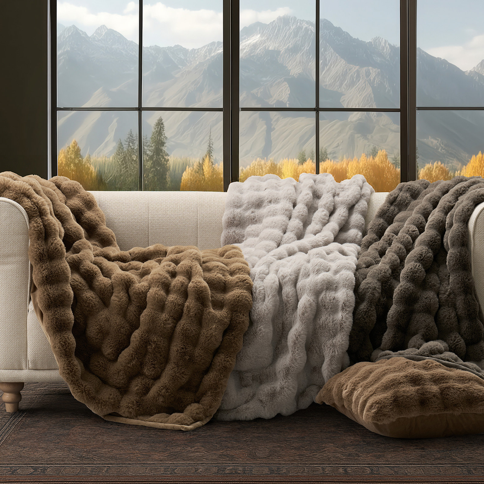Ridgeline Faux Fur Throw Blanket, Taupe, 90" L x 80" W