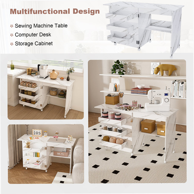 Table de couture pliante 4-en-1 avec roues verrouillables - Poste de travail multifonctionnel, table de bout, bureau d'ordinateur et rangement de cuisine avec tablettes, table de machine à coudre roulante blanche pour appartements