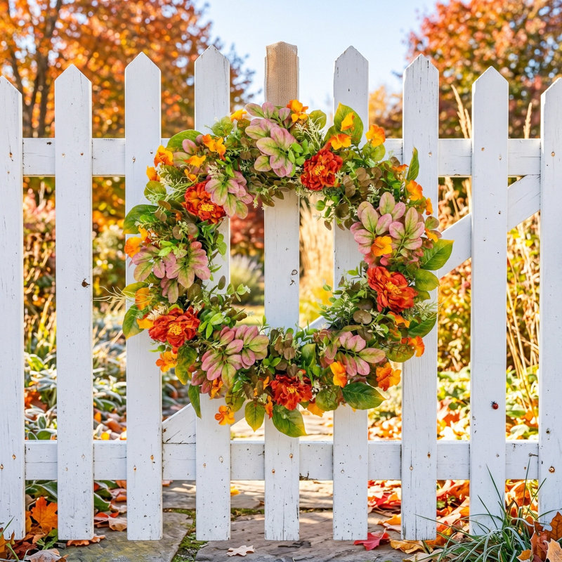Couronne florale d'automne 17,7 pouces fabriquée à la main pour porte d'entrée