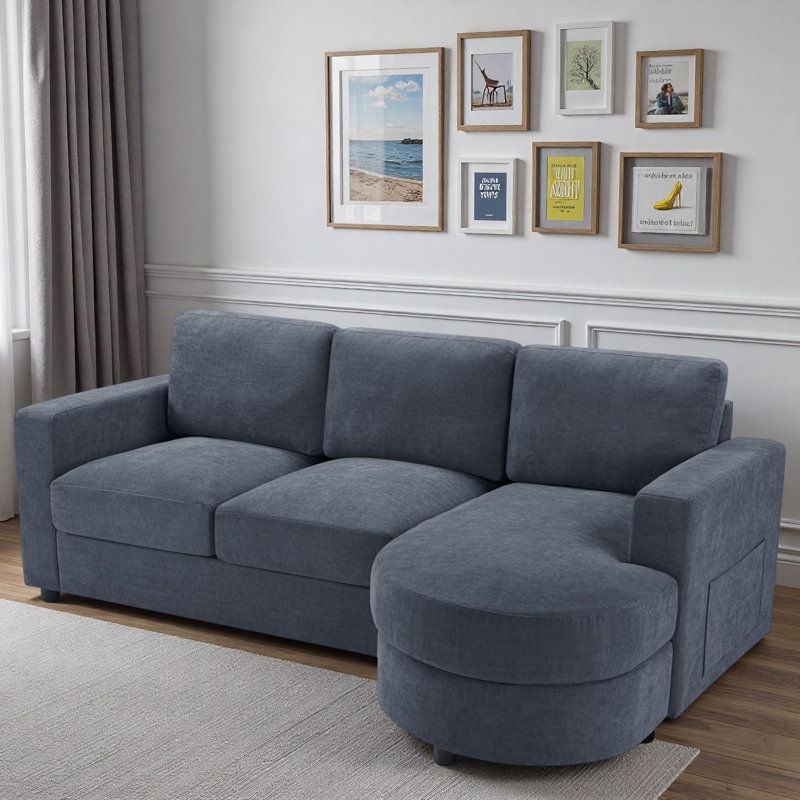 Canapé modulaire moderne en L avec méridienne incurvée, ports USB et poches de rangement latérales, Chenille bleu