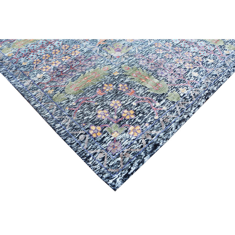 Hand Knotted Oriental Area Rug in Black/Green/Orange/Blue, Rectangle 9' x 12'