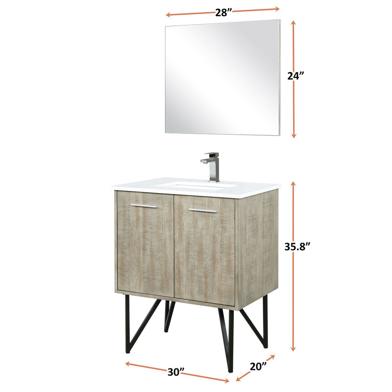 Rustique 30 po Meuble-lavabo W, comptoir en quartz blanc, robinet en métal, miroir 28 avec une surface d'apparence large, robinet et impressionnant