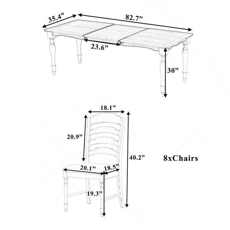 Ensemble de table de salle à manger à rallonge 9 pièces 82,7 po avec rallonge amovible de 23,6 po et 8 chaises rembourrées pour 8 personnes Vintage