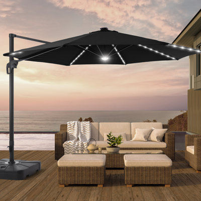 Moriceau 11' LED Cantilever Offset Patio Umbrella with Base, All-Weather Outdoor Umbrella for Deck Backyard Garden