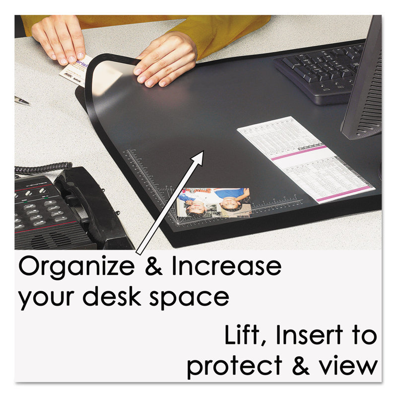 Black and Clear Vinyl Desk Pad with Transparent Overlay and Non-Slip Base